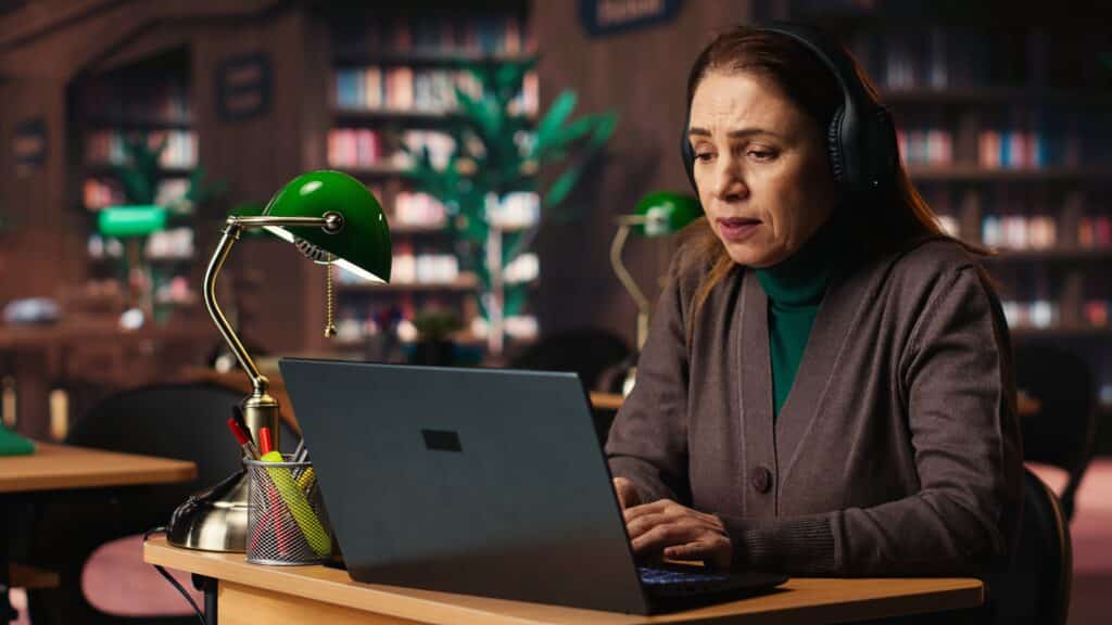 A woman wearing headphones sits at a desk in a library, working on a laptop like remote court reporters. A green desk lamp and a pencil holder are on the desk, with bookshelves visible in the blurred background.